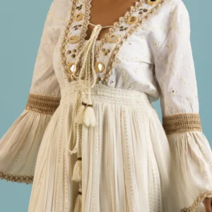 Jute Laced Off-White Dress | Embellished with Jute Lace, Beads & Mirror Work Eco Fashion